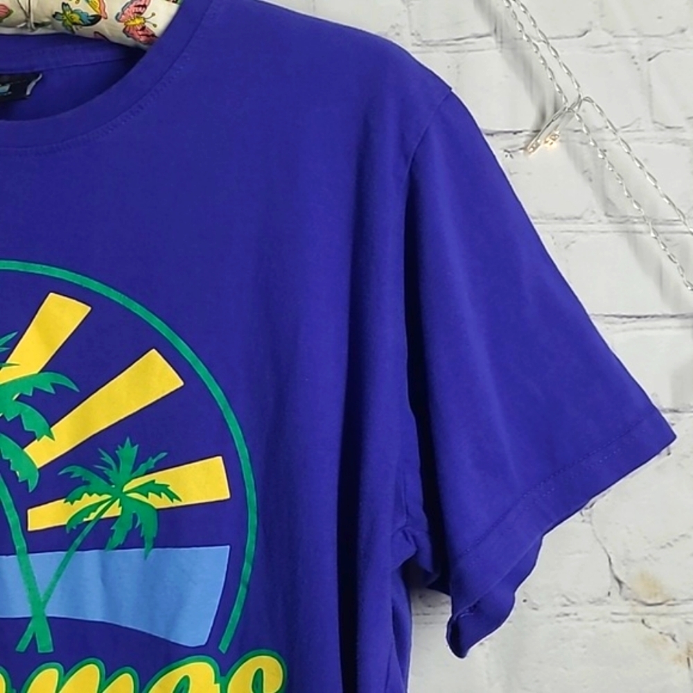 Vintage 90s Bahamas Rising Sun Beach Tropical Graphic Print Navy Blue Tee Mens L - Picture 7 of 15